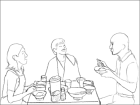 宙さんが落ちてきた翌朝の食卓。豆腐、納豆、はんぺんなど、柔らかいものが並ぶ。