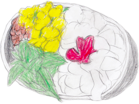 白いツツジをご飯に、赤いツツジを梅干しに、菜の花を玉子焼きに、松ぼっくりを唐揚げに、葉っぱをホウレンソウのおひたしに、それぞれ見立てた“花まんま”。