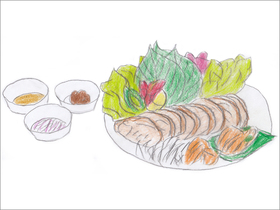 「劇映画 孤独のグルメ」より「鶏のポッサム」。蒸し鶏にキムチ、唐辛子、ニンニク、塩辛、辛味噌などをのせて、エゴマの葉やレタスに包んで食べる。