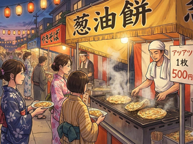 日本の祭りの屋台にも、葱油餅の屋台が並ぶ日が来るのでは（Geminiで作画）。