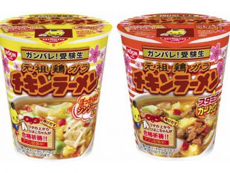 「チキンラーメン受験生応援カップ　ぽっかぽかジンジャー風味」（左）と「チキンラーメン受験生応援カップ　スタミナガーリック風味」