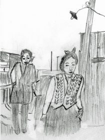 「浮雲」（1955）。富岡（森雅之）と再会するゆき子（高峰秀子）（絵・筆者）
