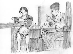 「赤線地帯」（1956）。中華そば屋でのハナエ（木暮実千代）とその夫（丸山修）（絵・筆者）