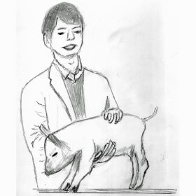 星先生（妻夫木聡）は一学期の初日に子豚を教室に連れてくる（絵・筆者）