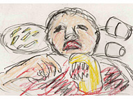 「エイリアン」（1979）。航海士ケイン（ジョン・ハート）の胸部からエイリアンの幼体（チェストバスター）が飛び出す衝撃のシーン（絵・筆者）