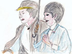 cl_rightwide0030dl 「男はつらいよ 寅次郎紅の花」(1995)。満男と泉の若いカップルを見つめる寅さんとリリーの眼差し(絵・筆者)