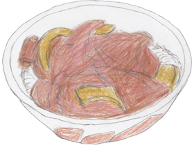 榊さんがシェアハウスにやってきた直達にふるまった「ポトラッチ丼」。高級牛肉を、くし切りにした玉ねぎと市販のめんつゆで煮付けた豪快な料理である。
