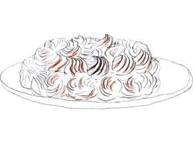 「ポトフ　美食家と料理人」より。友人たちとの午餐会のデザートして最後に出される「ノルウェー風オムレツ」。メレンゲの断熱効果により、フランベしても中のアイスクリームが溶けることはない。