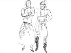 カレーム（右）が考案したシェフの制服と帽子（「Le Maître d'hôtel français」挿絵より）。
