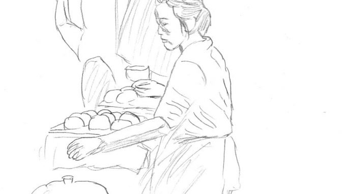 逃亡中の夫のために大量の饅頭を作る妻のワンイー（コン・リー）