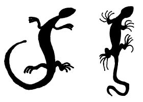 図3　バルバラが入ったトカゲ部屋の紋章（左）と、江戸川乱歩原作の1968年版「黒蜥蜴」のタイトルバックに現れる影絵。