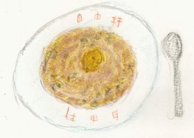 蝶子は「自由軒」のカレーを一人で二人前注文してしまう（絵・筆者）