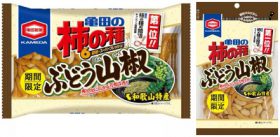 「192g 亀田の柿の種ぶどう山椒6袋詰」（左）と「106g 亀田の柿の種ぶどう山椒」