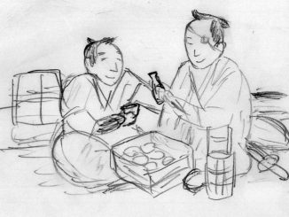 石松は三十石船で乗り合わせた江戸っ子に酒とすしを勧める
