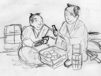 石松は三十石船で乗り合わせた江戸っ子に酒とすしを勧める