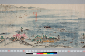 巻子『鯨之圖巻』に描かれた捕鯨の様子。目印となる山、岬、小島などの名前も細かに書き込まれています（神奈川工科大学附属図書館蔵）。