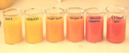 実験に使われた色素を入れたオレンジジュース（ニュージーランド・ESR、Peter Cressey博士提供）